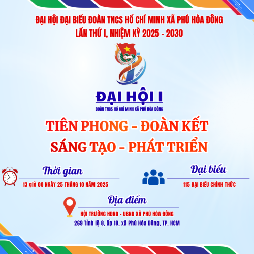 INFOGRAPHICS 8211 THÔNG TIN KẾT QUẢ ĐẠI HỘI ĐOÀN TNCS HỒ CHÍ MINH XÃ PHÚ HÒA ĐÔNG LẦN THỨ I NHIỆM KỲ 2025 8211 2030