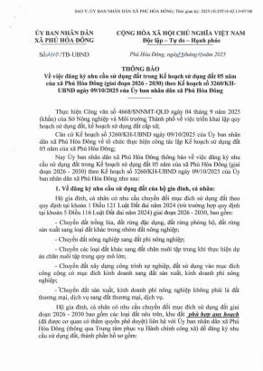 Thông báo về việc đăng ký nhu cầu sử dụng đất theo Kế hoạch số 3260KHUBND ngày 09 tháng 10 năm 2025 của UBND xã Phú Hòa Đông