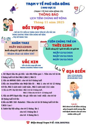 Trạm Y tế Phú Hòa Đông thông báo lịch tiêm chủng mở rộng tháng 11 năm 2025