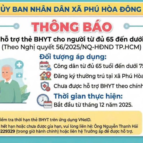 UBND XÃ PHÚ HOÀ ĐÔNG THÔNG BÁO VỀ VIỆC HỖ TRỢ BẢO HIỂM Y TẾ CHO NGƯỜI TỪ 65 ĐẾN DƯỚI 75 TUỔI