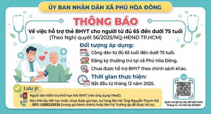 UBND XÃ PHÚ HOÀ ĐÔNG THÔNG BÁO VỀ VIỆC HỖ TRỢ BẢO HIỂM Y TẾ CHO NGƯỜI TỪ 65 ĐẾN DƯỚI 75 TUỔI