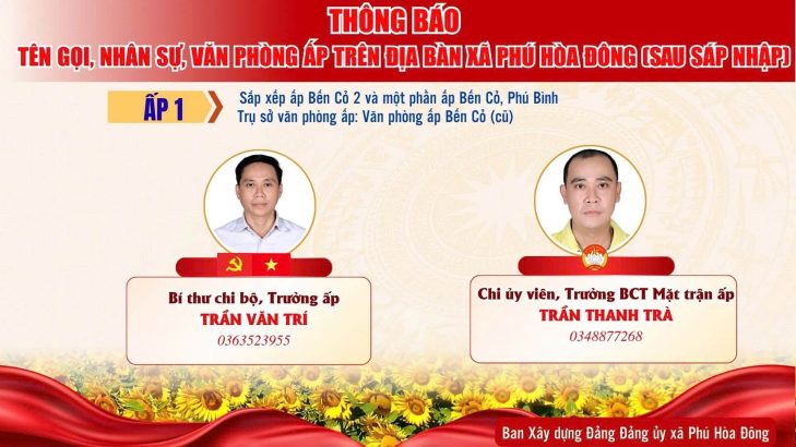THÔNG BÁO NHÂN SỰ BÍ THƯ CHI BỘ, PHÓ BÍ THƯ/TRƯỞNG ẤP, CHI UỶ VIÊN/TRƯỞNG BAN CÔNG TÁC MẶT TRẬN ẤP VÀ VĂN PHÒNG ẤP TRÊN ĐỊA BÀN XÃ PHÚ HOÀ ĐÔNG (SAU SÁP NHẬP)