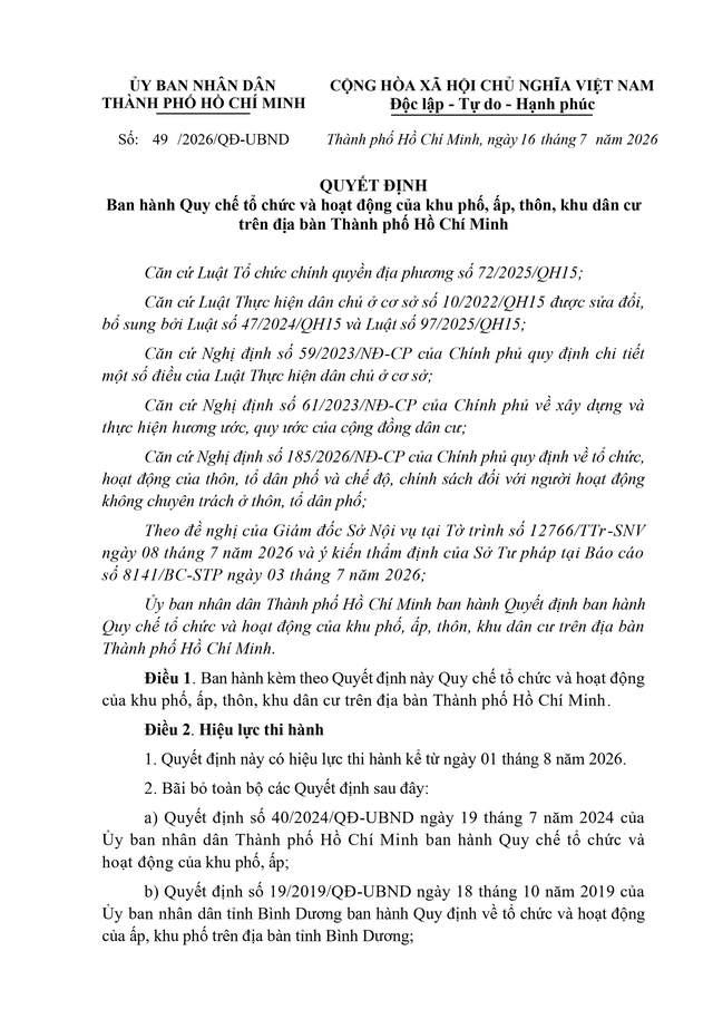 Quy chế tổ chức, hoạt động của khu phố, ấp, thôn, khu dân cư tại TP Hồ Chí Minh- Ảnh 1.