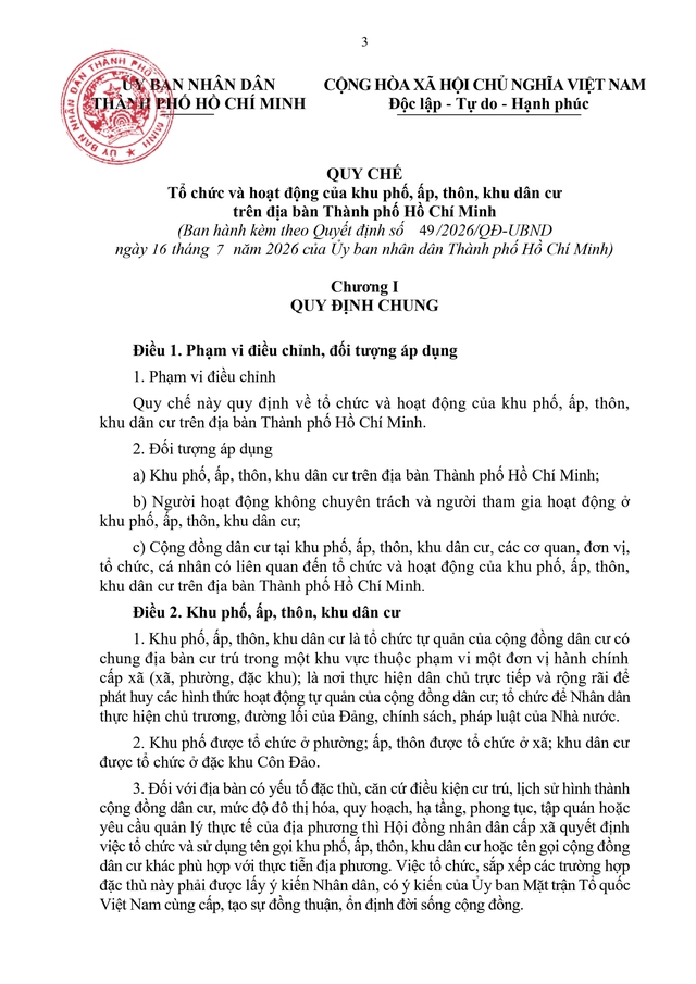 Quy chế tổ chức, hoạt động của khu phố, ấp, thôn, khu dân cư tại TP Hồ Chí Minh- Ảnh 3.